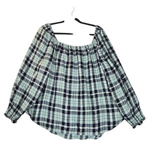 Lane Bryant Womens Size 18 Plaid Blouse Green Black Off Shoulders‎ Boho Peasant